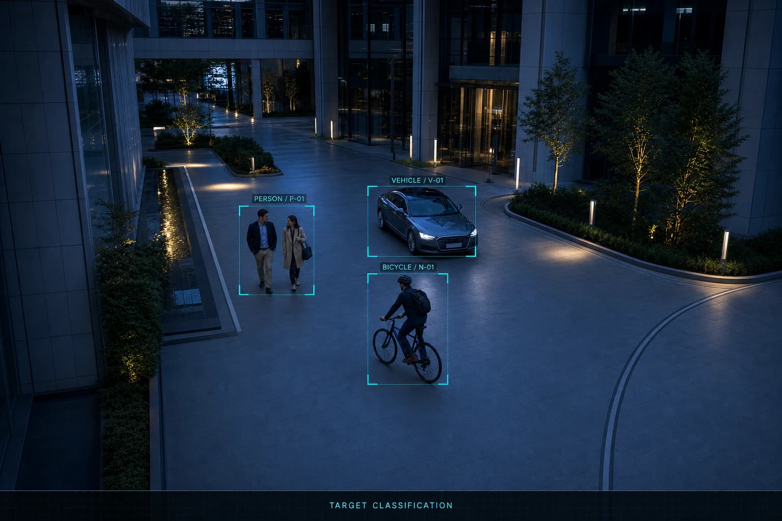 AI surveillance reference showing classified pedestrians, a vehicle and a bicycle in a commercial plaza
